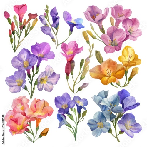 Watercolor freesia clipart with fragrant blooms in various colors   on white background