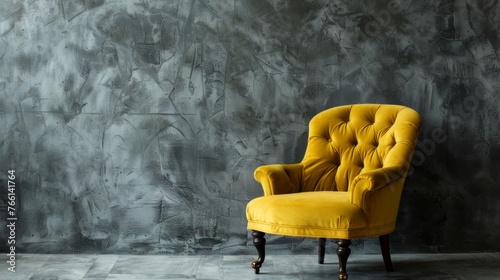 Fashionable yellow designer armchair on a grey background. This piece of seating furniture exudes contemporary elegance. photo