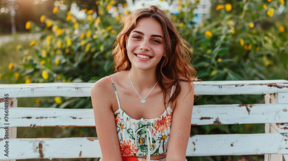 Naklejka premium A young woman is seated on a white bench outdoors