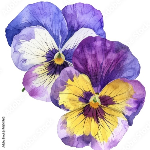 Watercolor pansy clipart in shades of purple, yellow, and white , on white background © Pungu x