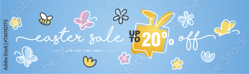 Spring Easter Sale up to 20 percent off handwritten typography lettering line design bunny speech bubble colorful flowers butterflies tulips blue greeting card