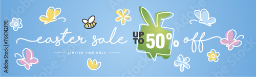 Spring Easter Sale up to 50 percent off handwritten typography lettering line design bunny speech bubble colorful flowers butterflies tulips blue greeting card © simbos
