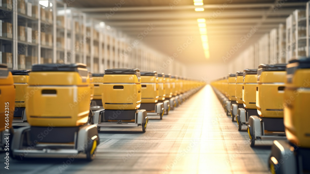 A row of yellow robots are lined up in a warehouse