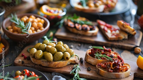 Assorted gourmet tapas on a rustic wooden table, showcasing Mediterranean cuisine with vibrant colors and fresh ingredients. © Anton Gvozdikov