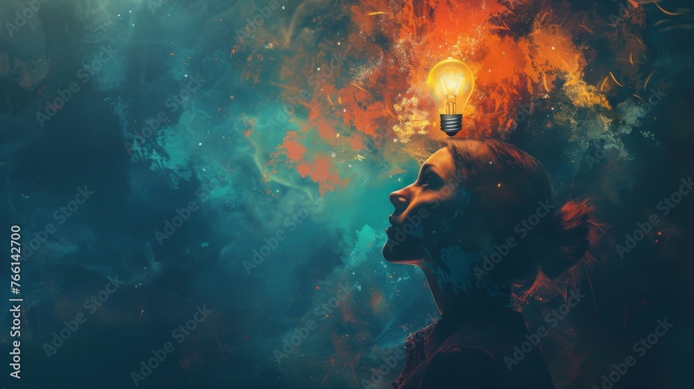 An illustration of a person with a lightbulb above their head,  symbolizing a moment of inspiration and creative thinking