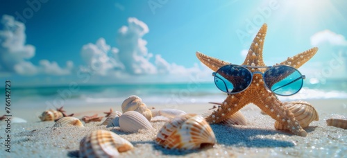 A starfish wearing sunglasses is placed on a sandy beach under the sun © pham