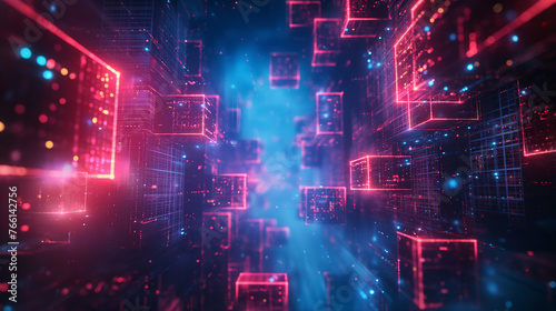 Abstract red blue neon background. Glowing linear volumetric cube in the middle of the city street, under the starry night sky. Digital futuristic wallpaper.