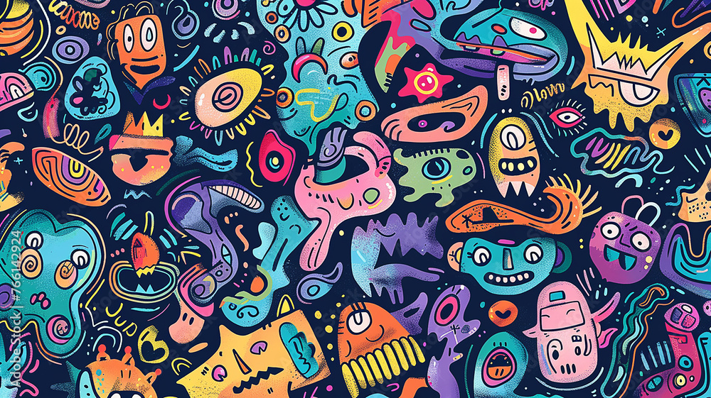 A whimsical pattern of colorful, abstract doodle characters with various playful expressions and shapes on a dark background A whimsical pattern of colorful, abstract doodle characters with various playful expressions and shapes on a dark background