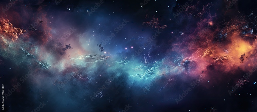 The atmosphere presented an electric blue sky filled with numerous astronomical objects resembling stars in a vast galactic landscape - obrazy, fototapety, plakaty 