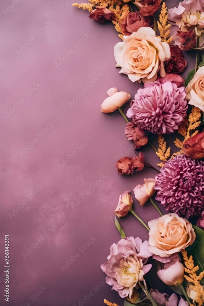 Biege roses and wild flowers on pastel purple background wallpaper wedding invitation postcard 