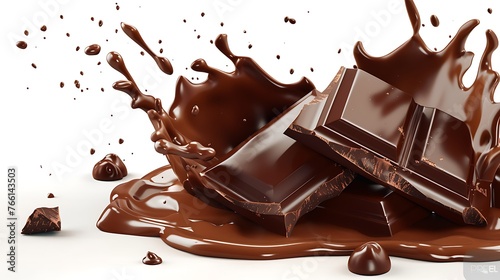 chocolate splash with bar pieces on a flat background