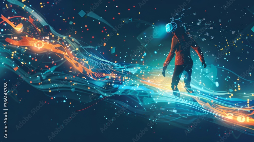 Vector character immersed in a whirlwind of social media activity symbolizing the constant flow of digital connections shaping our global society.