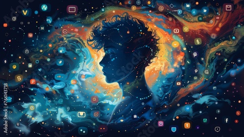 Illustration of a vector character surrounded by a swirling vortex of social media icons representing the pervasive nature of online interactions.