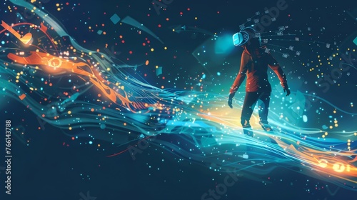 Vector character immersed in a whirlwind of social media activity symbolizing the constant flow of digital connections shaping our global society.