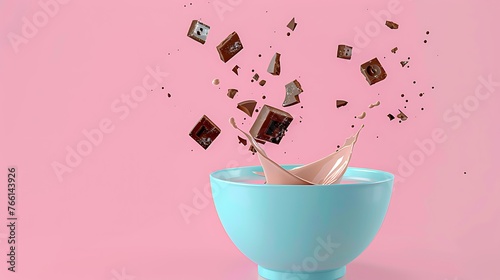 cocoa cereal falling into blue bowl with splashing milk on pink background.