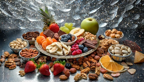 a vibrant composition featuring an eclectic mix of snacks arranged creatively against a shimmering silver background, incorporating a variety of flavors and textures such as crunchy nuts, ripe fruits,