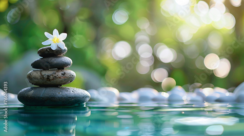 Soothing zen stone stack with frangipani flower, serene water surface for relaxation and spa settings.