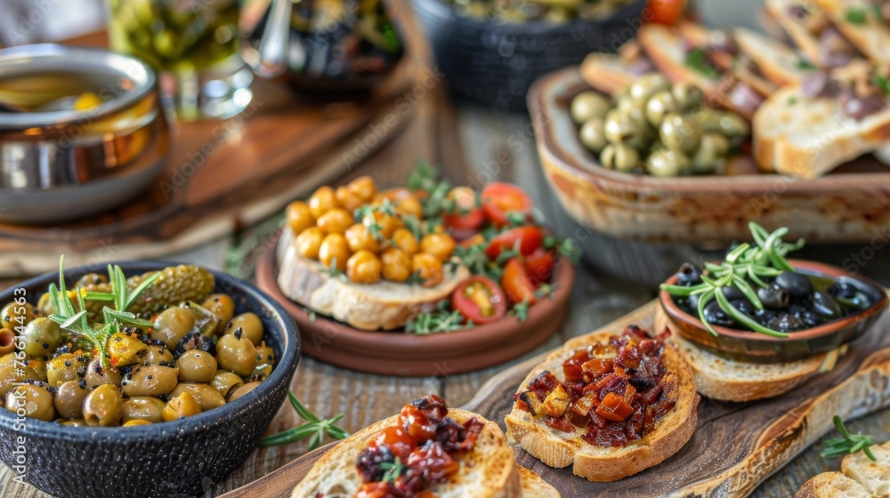A variety of Mediterranean tapas served on a rustic table, perfect for social gatherings and family meals.