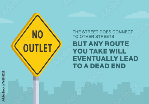 Safe driving tips and traffic regulation rules. Close-up of United States "No outlet" sign. Any route you take will lead to a dead end. Flat vector illustration template.