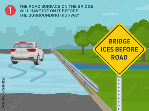 Safe driving tips and traffic regulation rules. Back view of suv on icy bridge. "Bridge ices before road" sign rule. Road surface on the bridge will have ice. Flat vector illustration template.