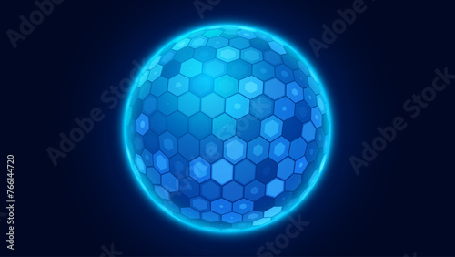Geometric Dome Shield on a Dark Background. Futuristic Glowing Protection 3D Sphere. Technology Style HUD Design Element. Hexagon Force Field Shield. Vector Illustration. Digital Security Concept.