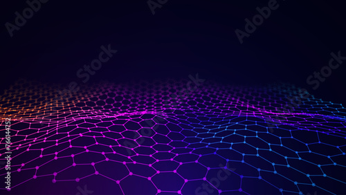Orange Purple Hexagon Grid In Perspective. Colorful Abstract Technology Background. Modern NFT Cryptoart Blockchain Game Network Backdrop. Vector Illustration.