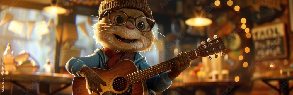 A cute anthropomorphic weasel playing guitar in the bar - obrazy, fototapety, plakaty 