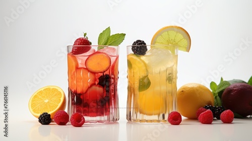 Juice or lemonade in a glass  made from different fruits and berries. A refreshing refreshing drink. A healthy organic drink. Proper nutrition and diet.