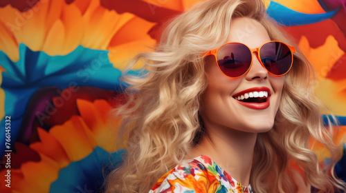 Closeup photo of happy fair haired woman wearing sunglasses with her short curly hair and smiling, enjoying the summer season outside.