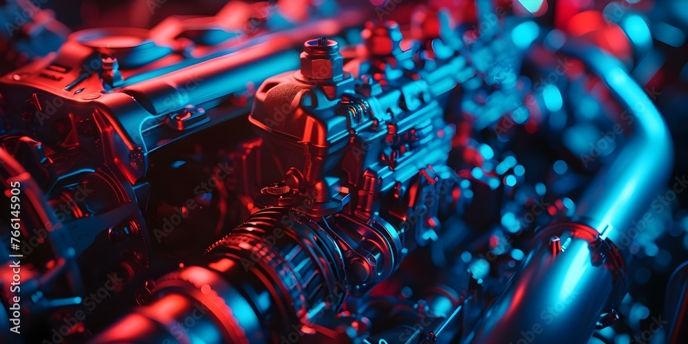 Macro shot of a car engine. Concept Car Engine, Under the Hood, Automotive Detail, Mechanical Macro Shot, Machinery Close-up - obrazy, fototapety, plakaty 
