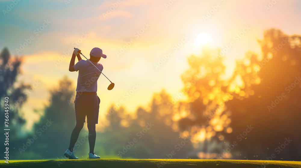 Golfer hitting the ball in the evening sun