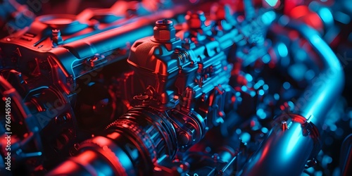 Macro shot of a car engine. Concept Car Engine, Under the Hood, Automotive Detail, Mechanical Macro Shot, Machinery Close-up photo