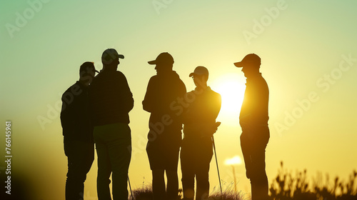 Silhouette of a group of golfers chatting or playing golf on the course after the evening sunset.