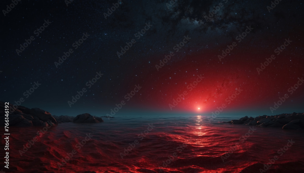 Red ocean with a dark and starry sky, dark mystic background