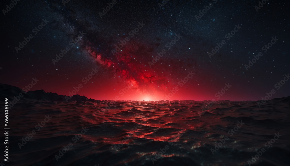 Red ocean with a dark and starry sky, dark mystic background