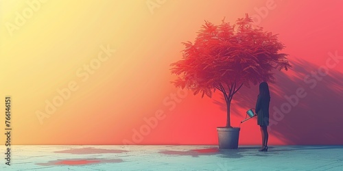 Charming 3D render cute of a young professional watering a vibrant, growing tree with leaves representing various self-care and productivity habits, set against a soft, gradient background