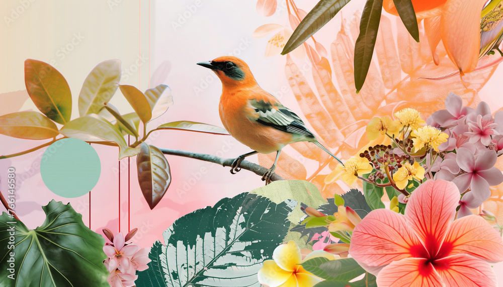 Design a visually stunning photo collage. Soft tones and pastels are the perfect complement for designs with bird, flowers, leaves, and plants Design a visually stunning photo collage. Soft tones and pastels are the perfect complement for designs with bird, flowers, leaves, and plants