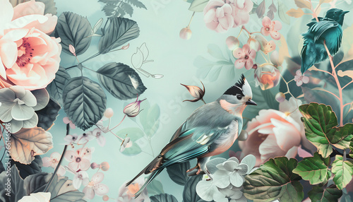 Design a visually stunning photo collage. Soft tones and pastels are the perfect complement for designs with bird, flowers, leaves, and plants © Ton Photographer4289