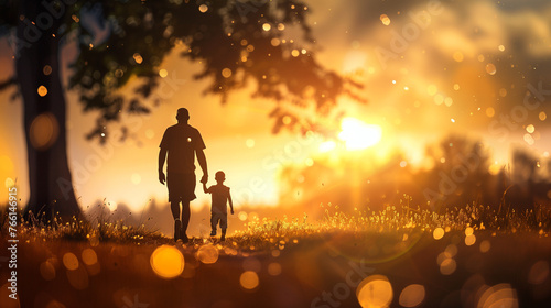 A father and child silhouette stand in a field, the setting sun casting a warm glow around them as they share a tender moment