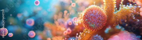 Microbes, colorful exoskeleton, symbiotic relationship, thriving in a mysterious underwater cave, bioluminescent glow, 3D render, golden hour, depth of field bokeh effect