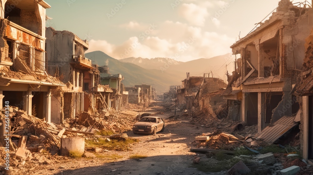 ruined city and buildings after an earthquake natural disaster - obrazy, fototapety, plakaty 