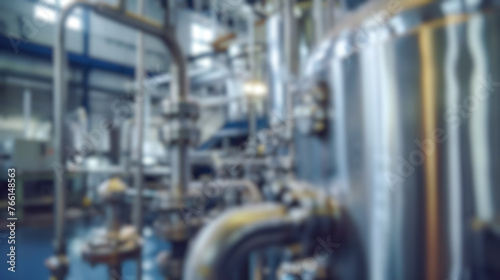 Blurred factory interior, defocused manufacturing line with gas pipe, boiler and machinery inside heavy industry plant control room, production workshop, industrial warehouse background for design