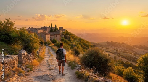 A solo traveler with a backpack walks on a path towards a scenic old village during a beautiful sunset over rolling hills.
