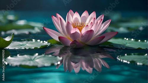 Magic glowing Lotus flower on cold blue green water background with lotus leaf and large copy space for text  for cosmetic product  zen  massage therapy backgrounds