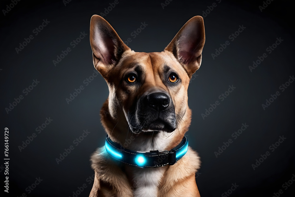 Dog with LED collar on a dark background