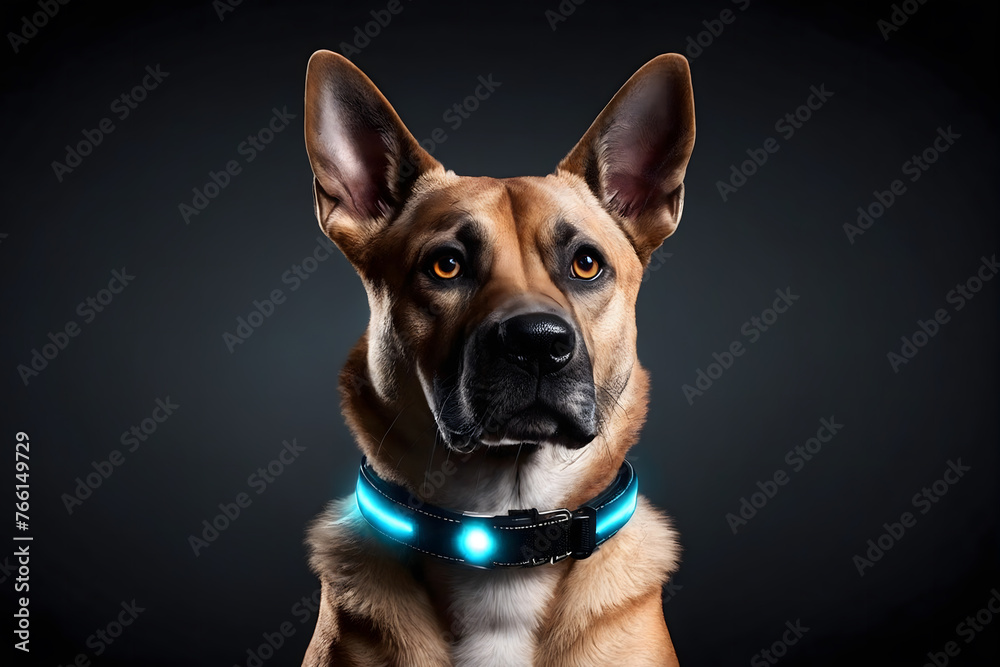 Dog with LED collar on a dark background Dog with LED collar on a dark background