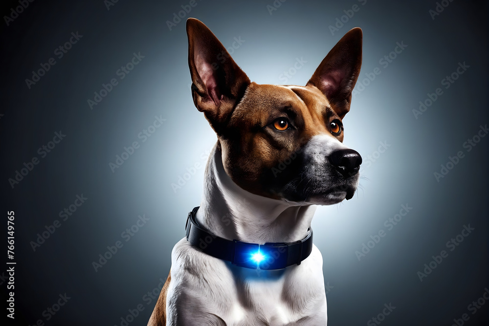 Dog with LED collar on a dark background Dog with LED collar on a dark background