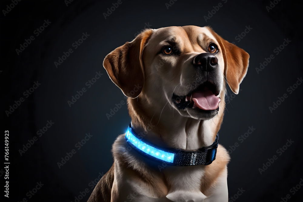 Dog with LED collar on a dark background Dog with LED collar on a dark background