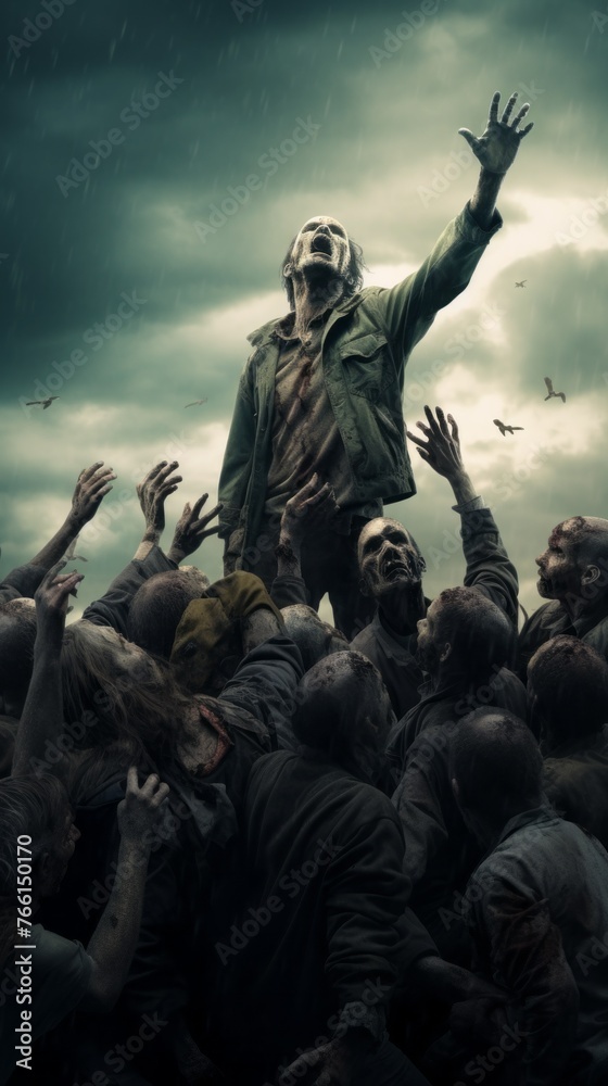 Fototapeta premium A man is standing in the middle of a crowd of zombies