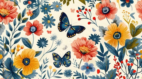 A colorful and artistic illustration featuring an assortment of flowers and butterflies, ideal for spring-themed designs.  © komgritch